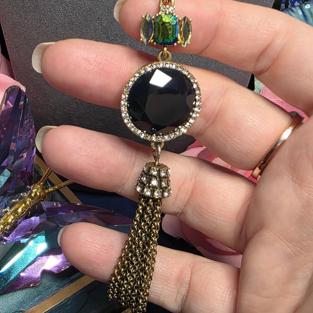 Vintage Inspired Black Faceted Tassel Pendant Necklace Brass Tone 93 - Picture 4 of 5